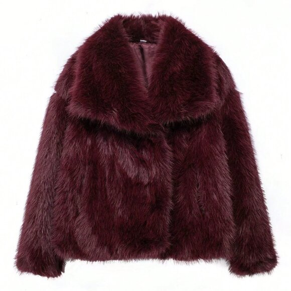 Burgundy Casual Women's Ladies Luxury Coat Warm Fluffy faux fur Coat - Picture 3 of 8